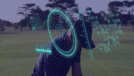 animación de escaneo de alcance y procesamiento de datos sobre un hombre caucásico jugando al golf