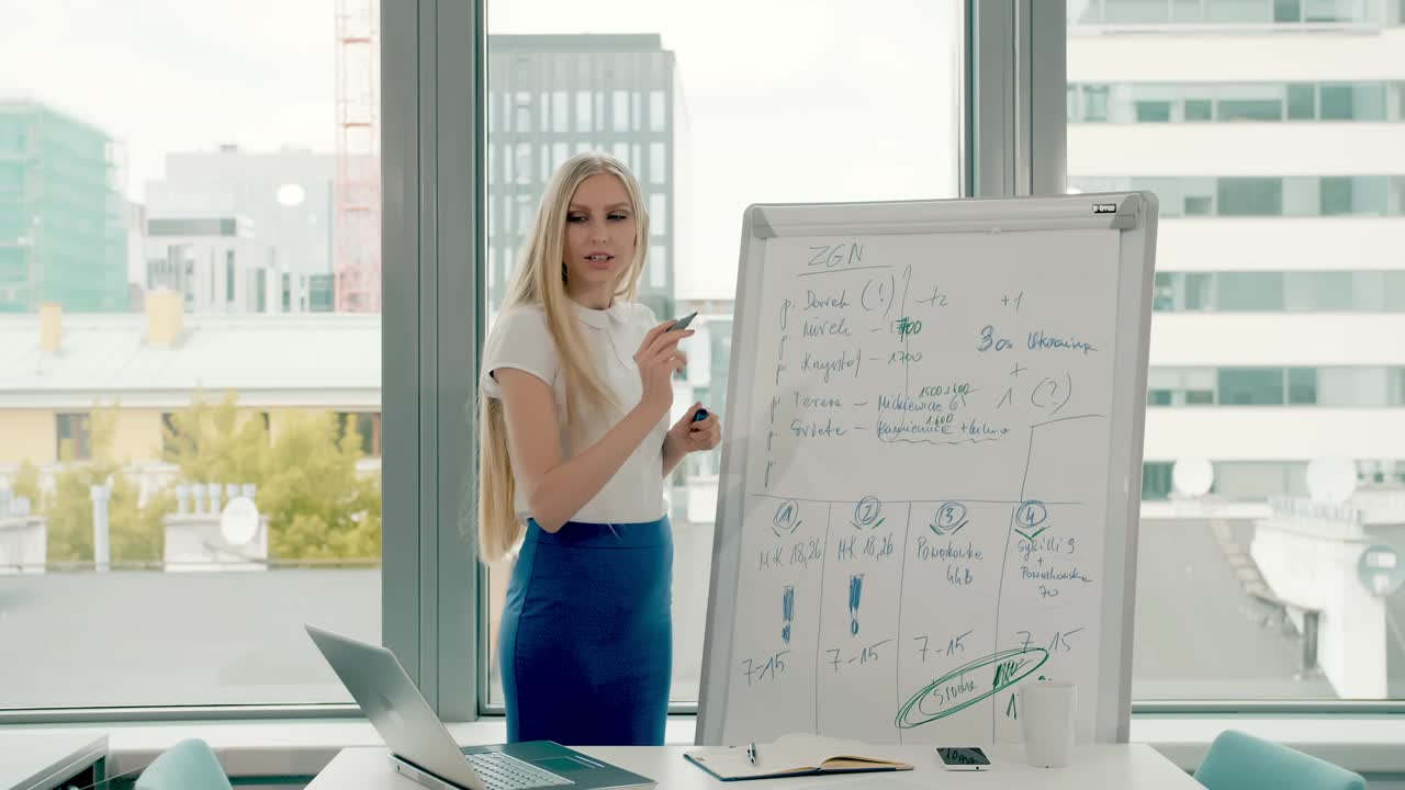 mujer de negocios haciendo una presentación en la pizarra. joven mujer elegante con cabello rubio largo escribiendo en la pizara mientras hace una presentación en una oficina moderna contra la ventana