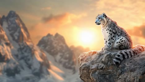 snow leopard on rocky mountain sunset