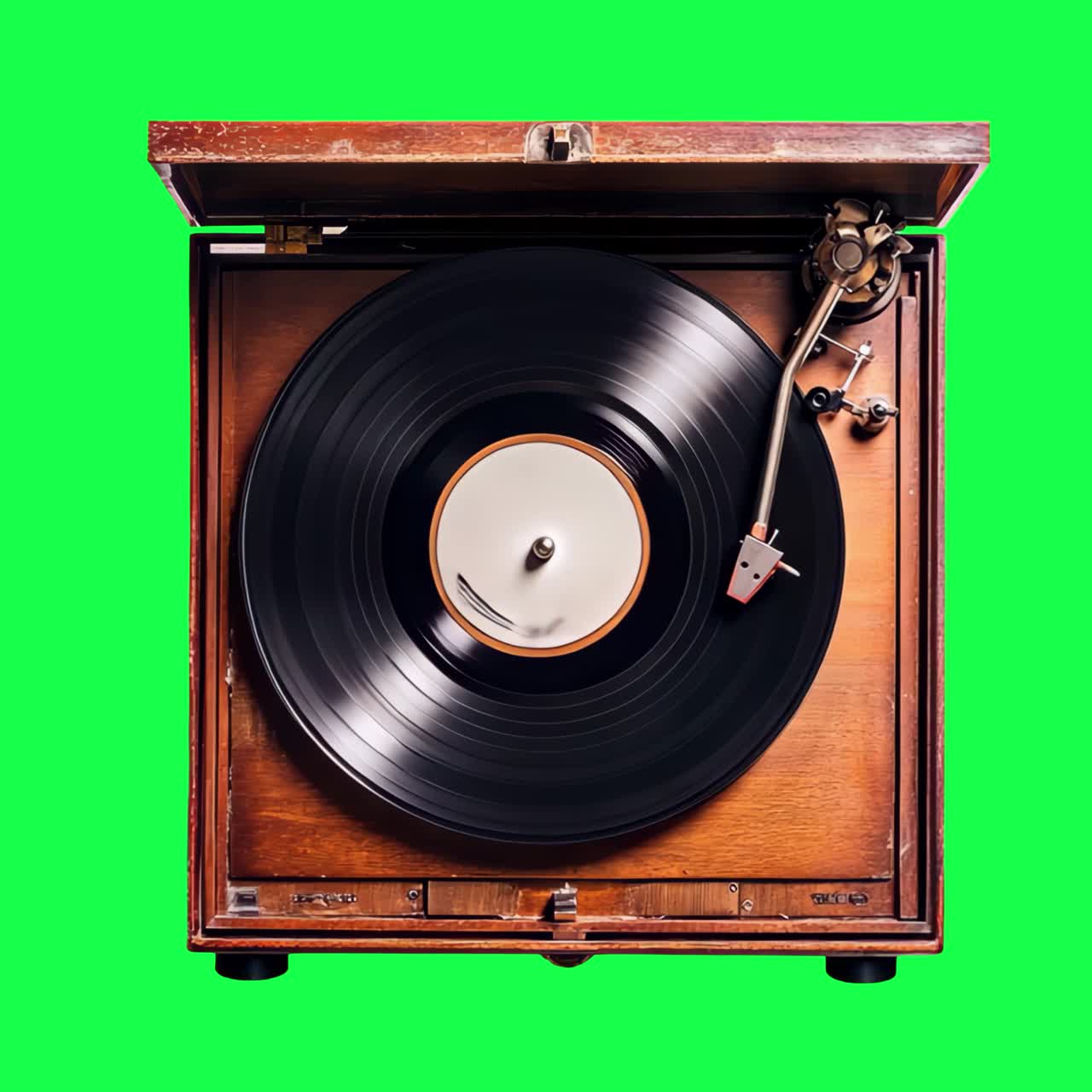 Vintage vinyl record player animation, transparent 4K video, green screen