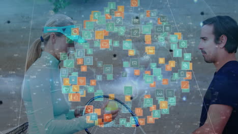 woman tennis player passing ball to coach on outdoor court, highlighting sports tech data icons
