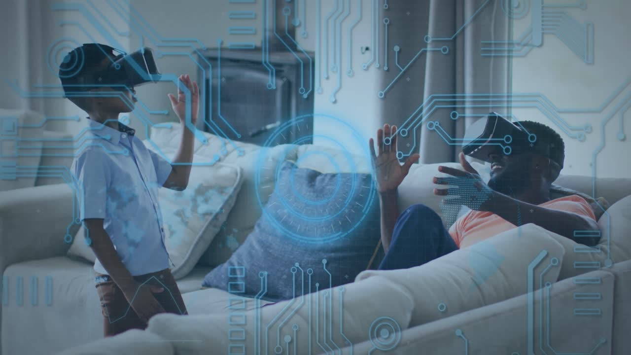 Animation of scope scanning and computer circuit board over african american man and his son