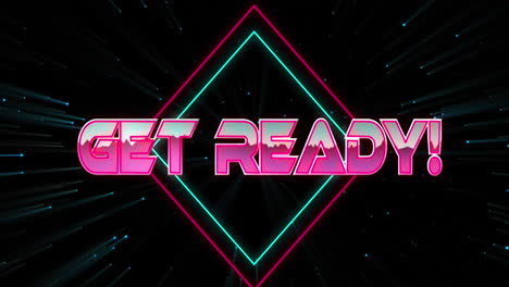 animation of illuminated get ready text and illuminated squares over blue firework exploding