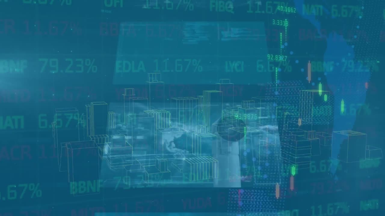 Animation of graphs, financial data and world map on blue digital screens