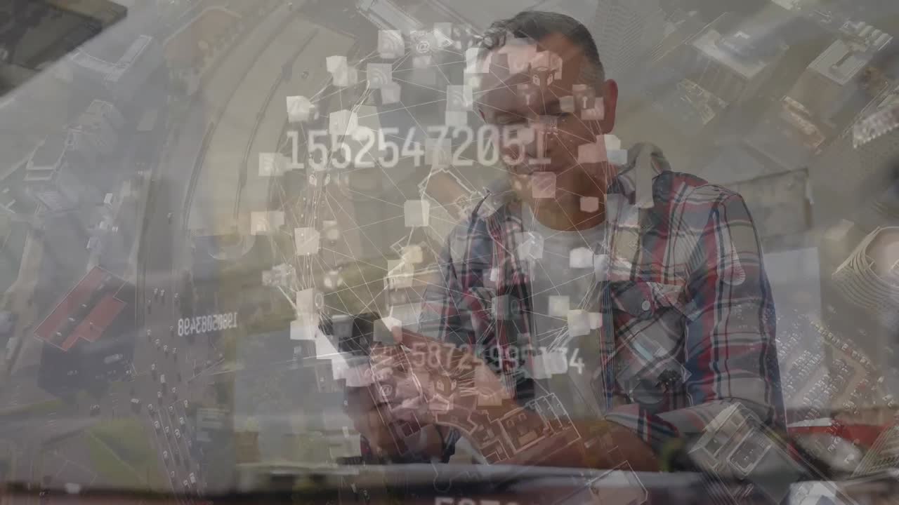 스마트폰 을 사용하는 백인 사업가 에 대한 도시 풍경 의 애니메이션