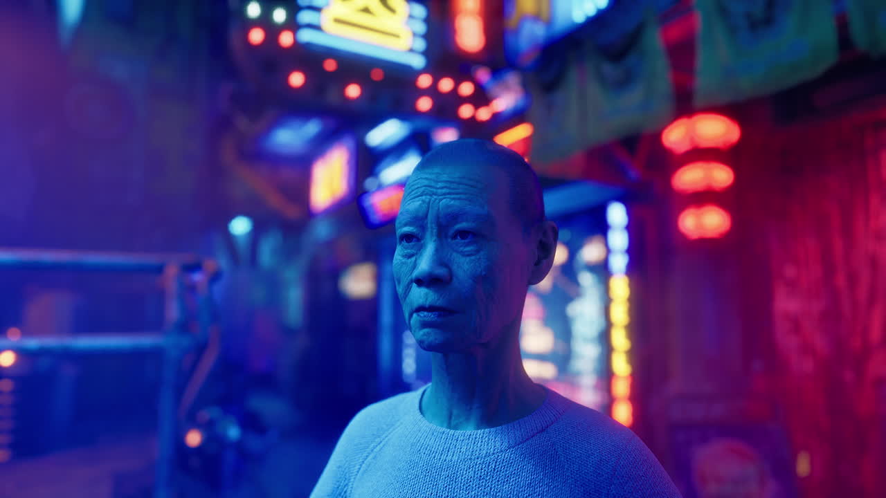 anciana japonesa en una calle iluminada con neón