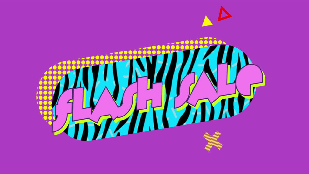animación del texto de venta flash sobre un fondo de patrón vibrante retro
