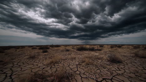 dramatic storm clouds over a dry, cracked landscape