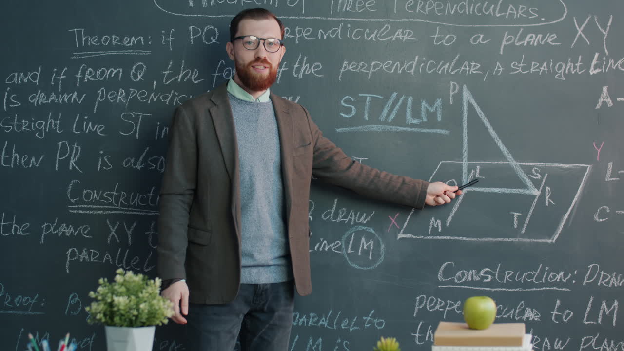 Teacher explaining geometry theorem on chalkboard