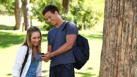 hombre leyendo un mensaje de texto mientras se apoya en un árbol antes de abrazar a una mujer y reírse