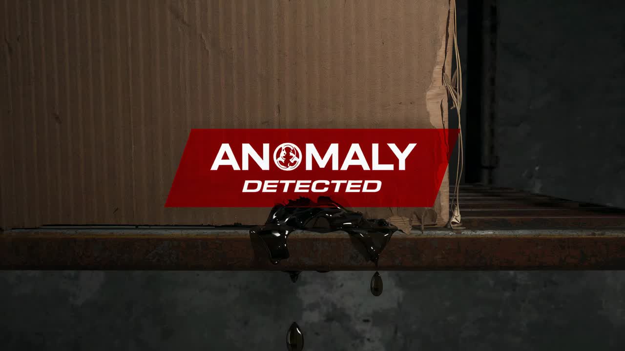 Oozing torn cardboard box edge dripping black tar on rusty shelf, ANOMALY DETECTED banner showing