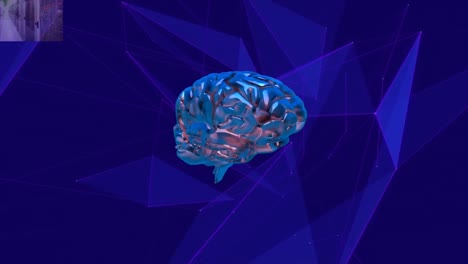 Animation-of-brain-rotating-over-blue-background-with-shapes