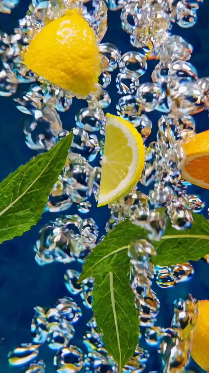 Underwater video shot captures lemons and mint leaves floating with bubbles, viewed from below