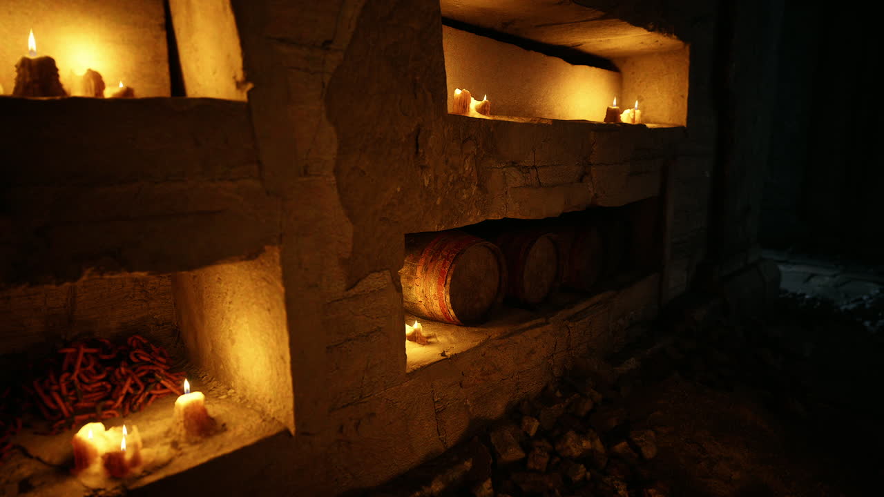 Candlelit wall niches create a mystical atmosphere in a dimly lit space