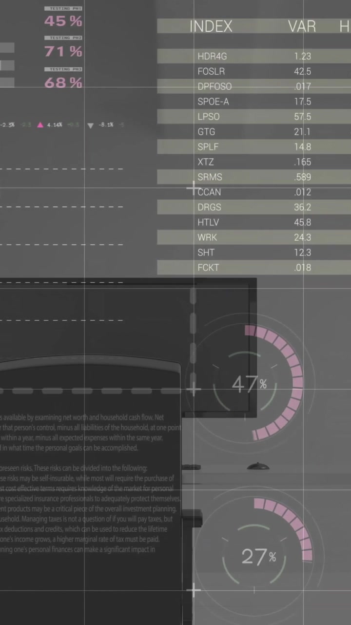 Animation of financial data processing over desk with computer on white background