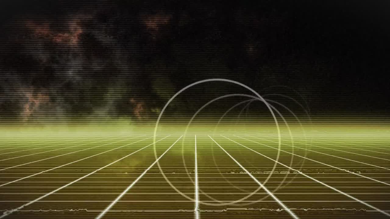 빛나는 노란색 그리드와 지평선 위로 움직이는  ⁇ 색 고리의 애니메이션, 검은색으로 움직입니다.