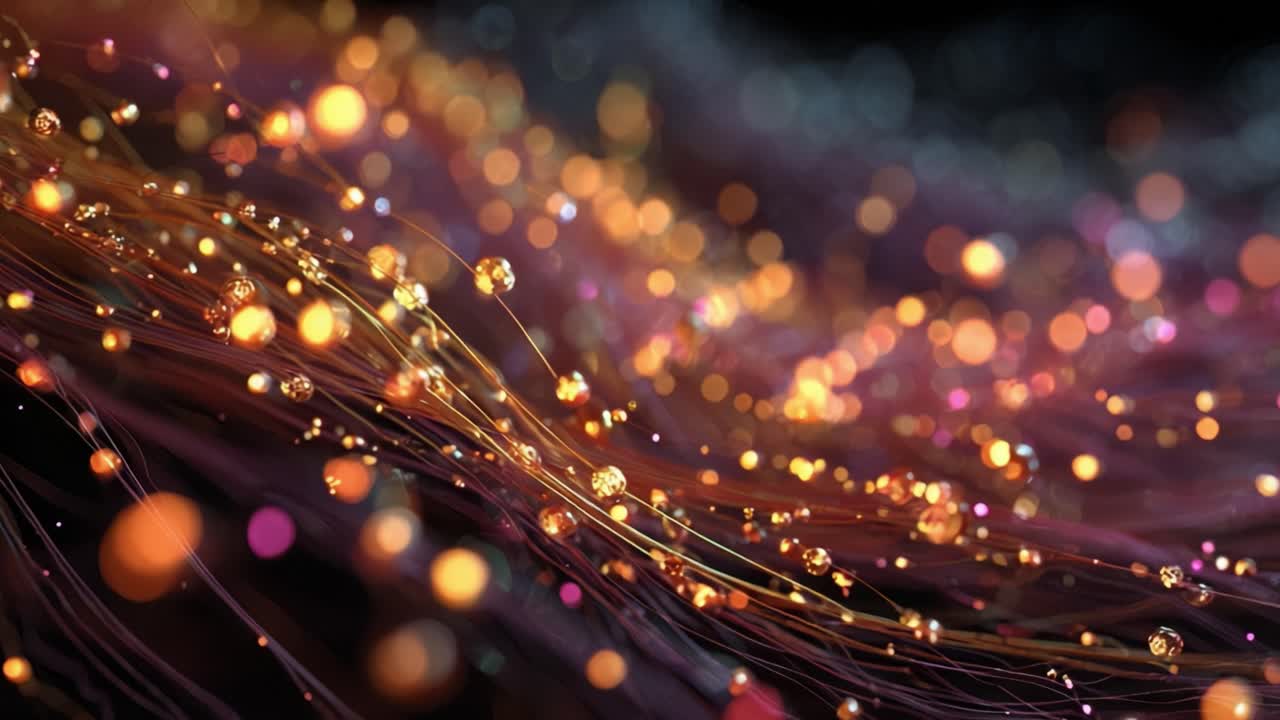 Abstract background featuring glowing golden and pink particles with bokeh effects and delicate strands flowing elegantly in a gentle wave like motion through a dark, dreamy atmosphere