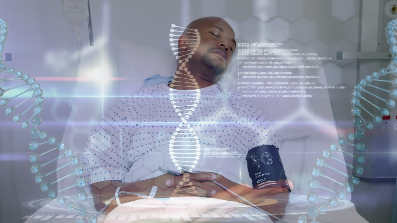Animation of dna and chemical formulas over african american man in hospital