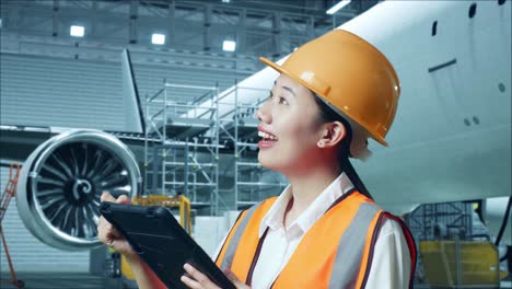 close up side view of asian female engineer with safety helmet standing with aircraft in the hangar. taking note on the tablet and looking around while aircraft maintenance