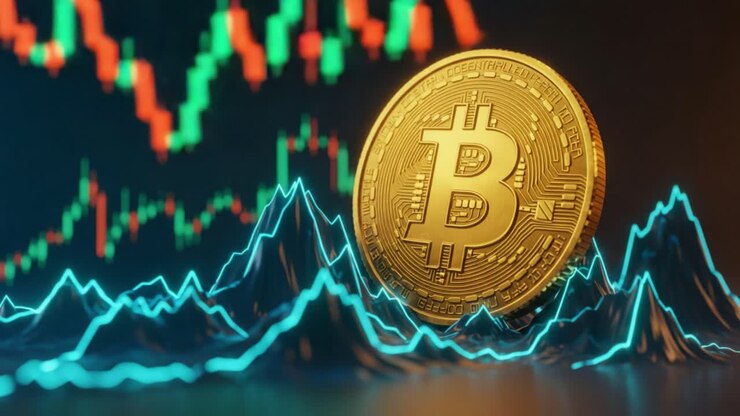 Una impresionante visualización de información sobre criptomonedas con una moneda bitcóin dorada sobre tendencias y gráficos dinámicos del mercado financiero de fondo