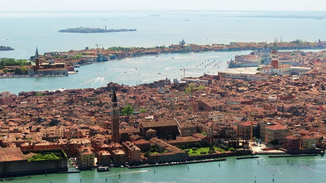 Aerial drone view of Venice City, Italy on a sunny day