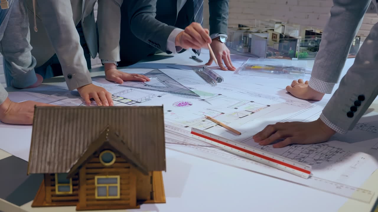 Business partners coworkers working discussing together with real estate brokers agent in boardroom, brainstorming, discussing, report, analyzing and planning market strategy doing paperwork in office