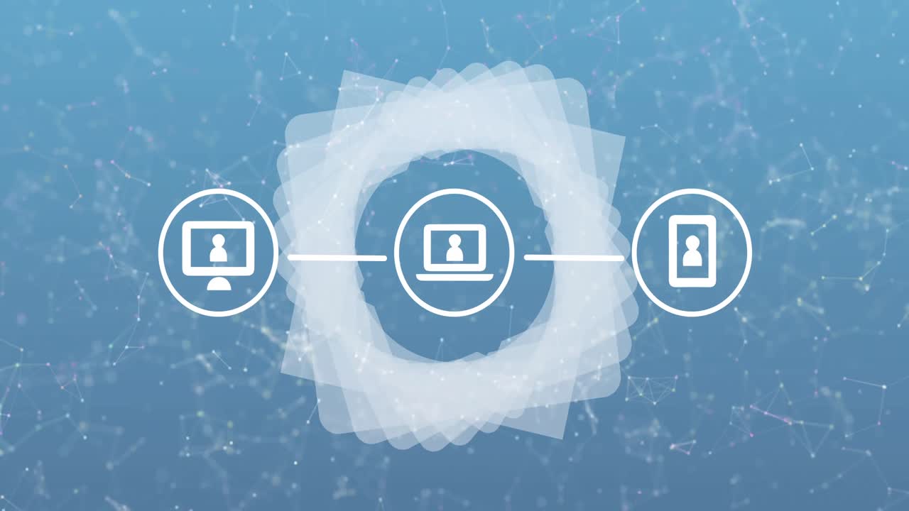 연결된 디지털 통신 미디어 아이콘의 애니메이션이 회전하는 모양과 네트워크 위에, 파란색으로