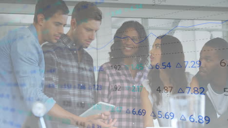 financial data and stock market animation over diverse business team discussing in office