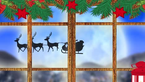 animación digital de navidad decoración de marco de ventana de madera contra la silueta negra de santa c