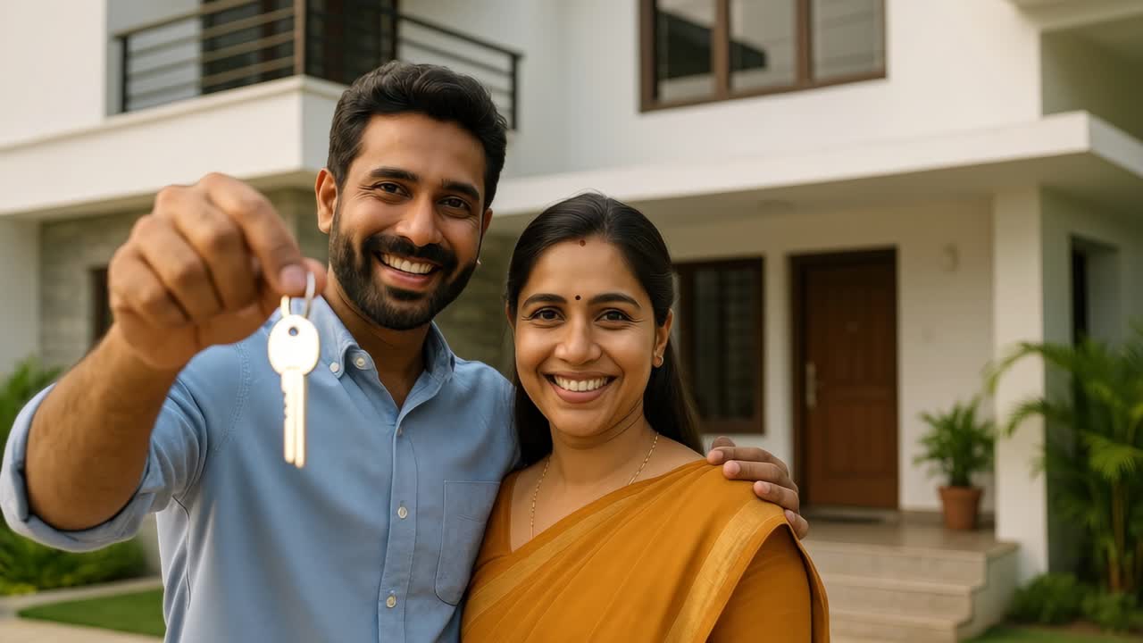 A happy couple holds a key in front of their new home | Premium Stock ...