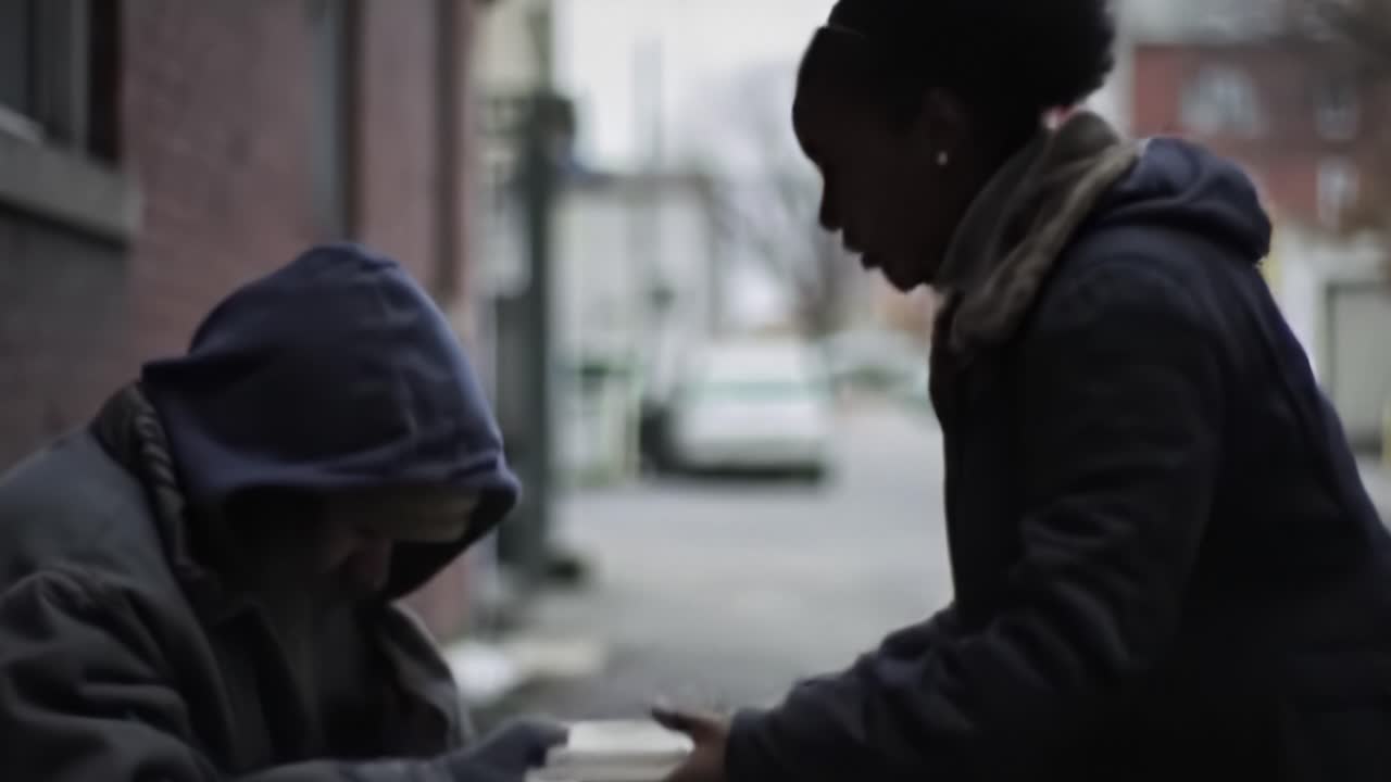 On a chilly evening, a woman offers food to a homeless man sitting on the street. The atmosphere is reflective as passersby move through the urban landscape.