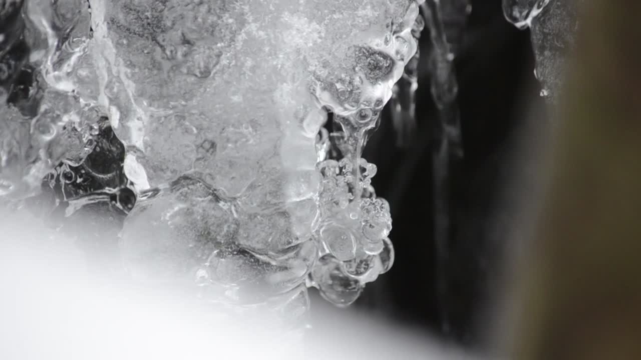 Melting and dripping ice on frozen stream