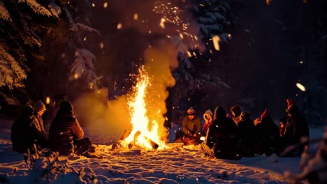 tourists sit around a burning bonfire in a snowy forest at night, enjoying the warmth and the company of each other, while snowflakes fall softly