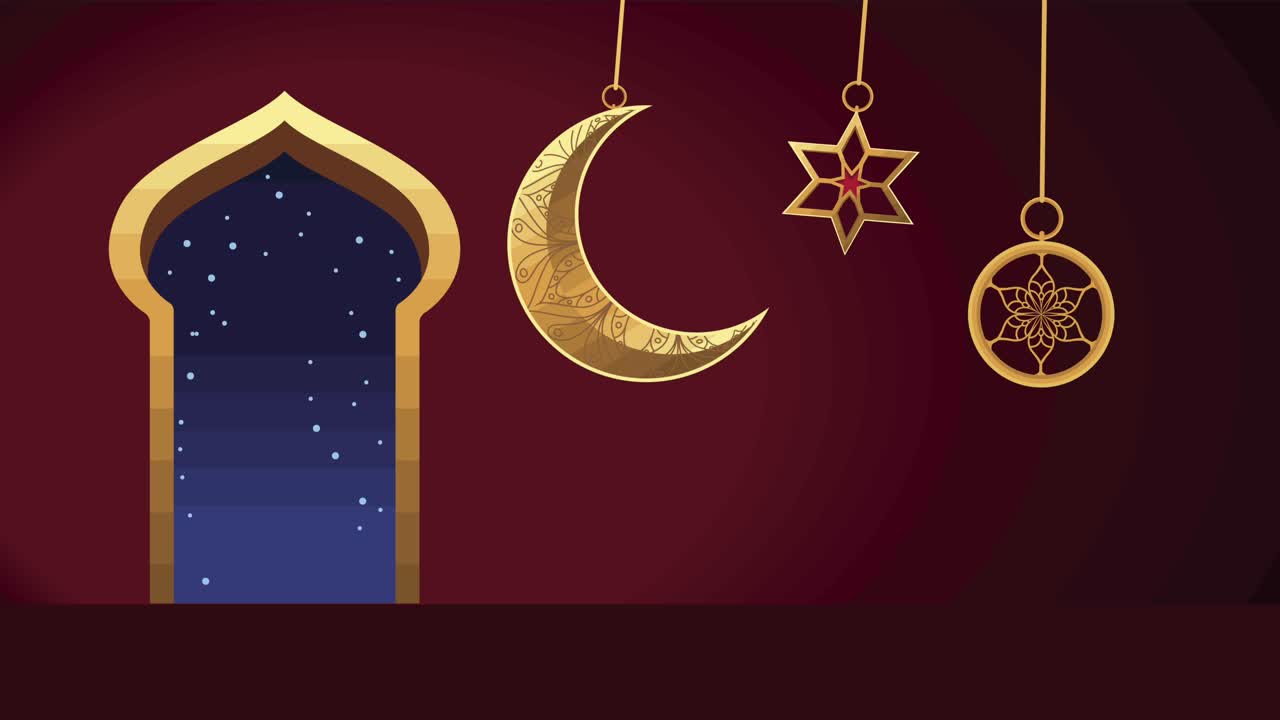 animación de ramadan kareem con decoraciones doradas colgando