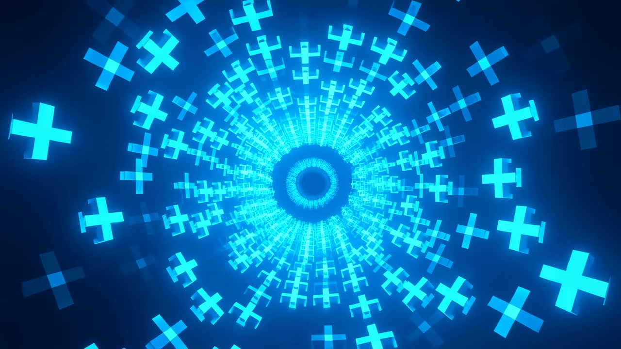 Radial Blue Cross Particles Pulsing Center Dynamic Tunnel Of Glowing Plus Signs Swirling Outward Evokes