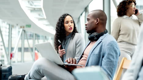 business people, talking and waiting in airport