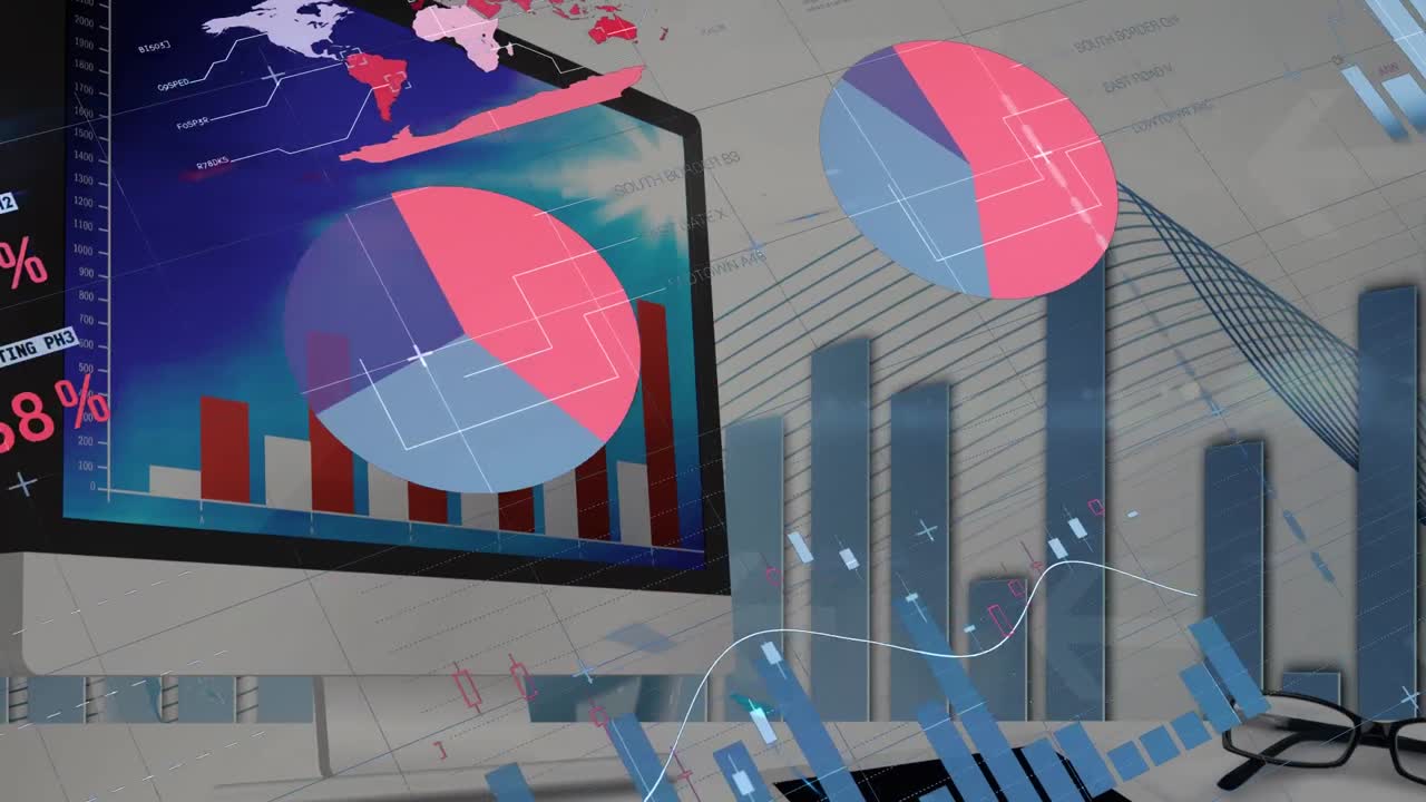 animación del procesamiento de datos financieros y estadísticas en la computadora en el escritorio