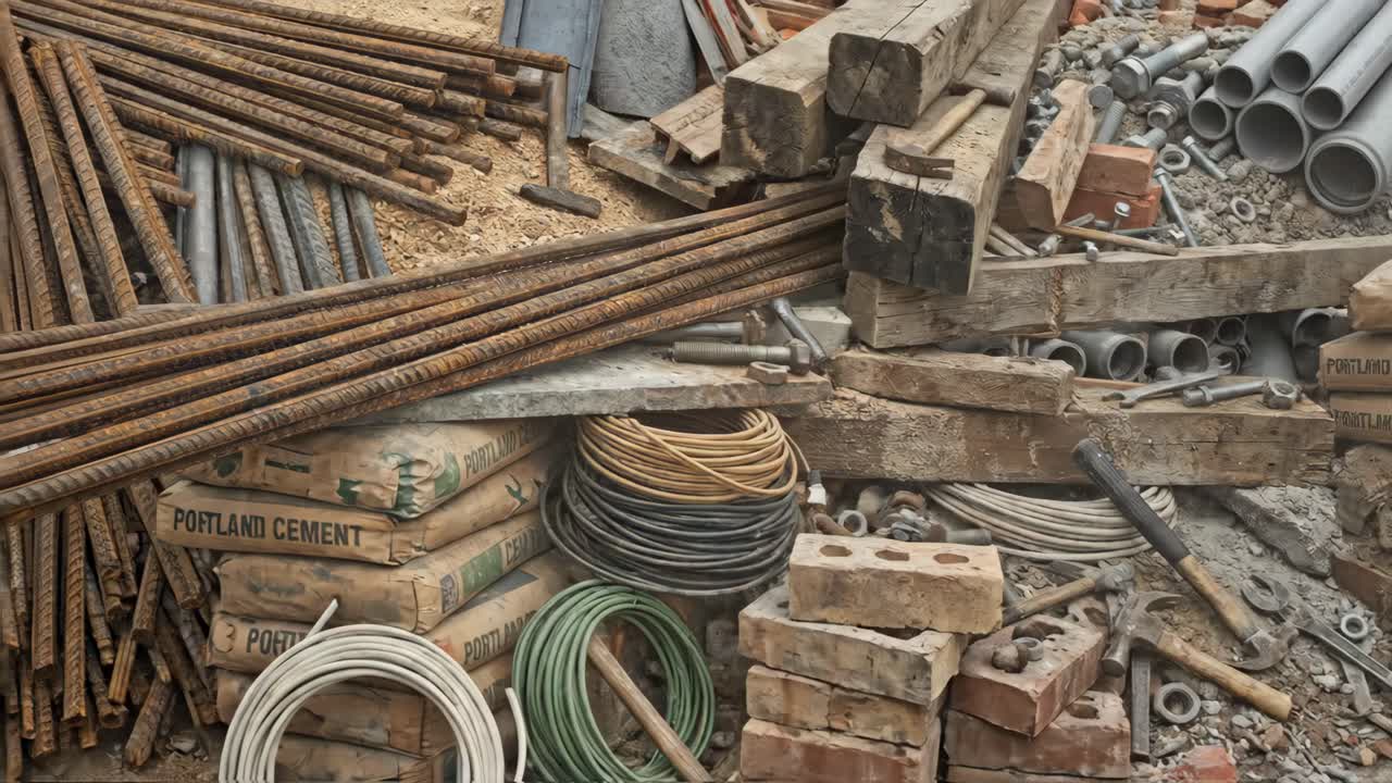 Materiali e attrezzi da costruzione assortiti su un cantiere