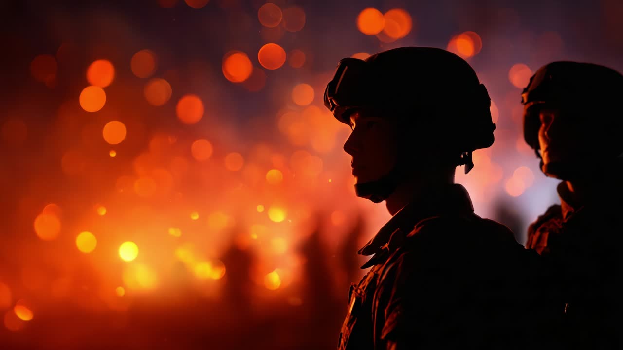 Soldiers Standing Vigilant Amidst Flames: A Powerful Scene Capturing the Essence of Duty and Resilience in the Face of Chaos, Highlighting the Struggles and Courage Displayed During Turbulent Times