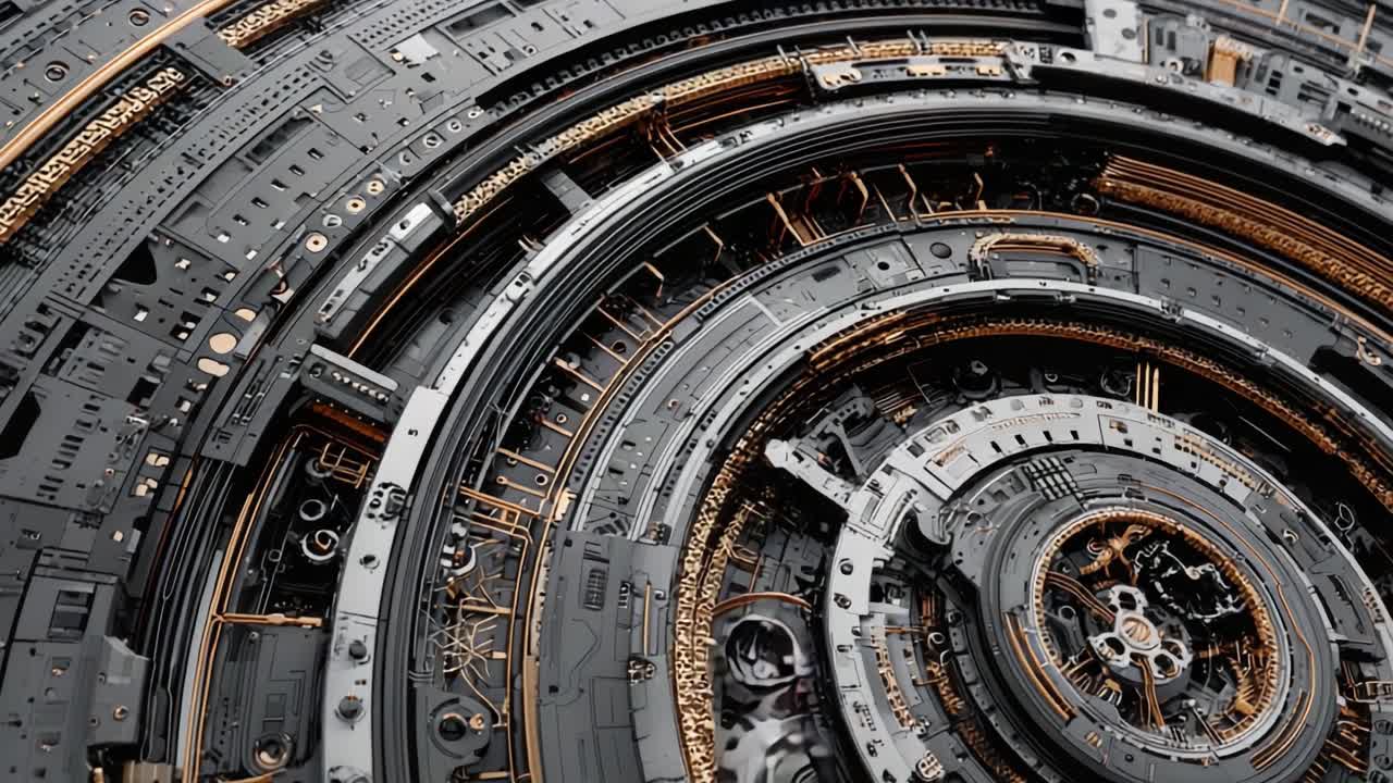 Cinematic Exploration of a Futuristic Mechanical Core: An Intricate Universe of Circuits and Geometry Captured in Stunning Detail