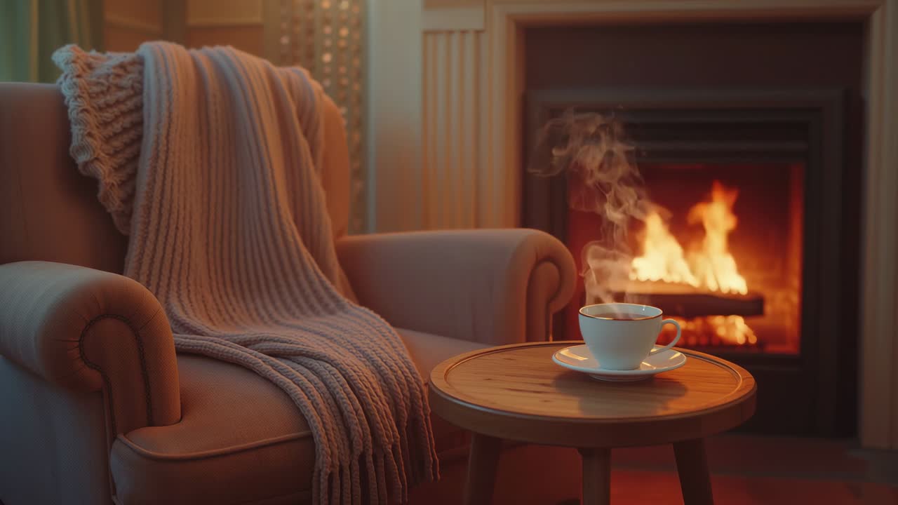 Camera opening on side table holding steaming cup emitting steam toward fireplace, with beverage