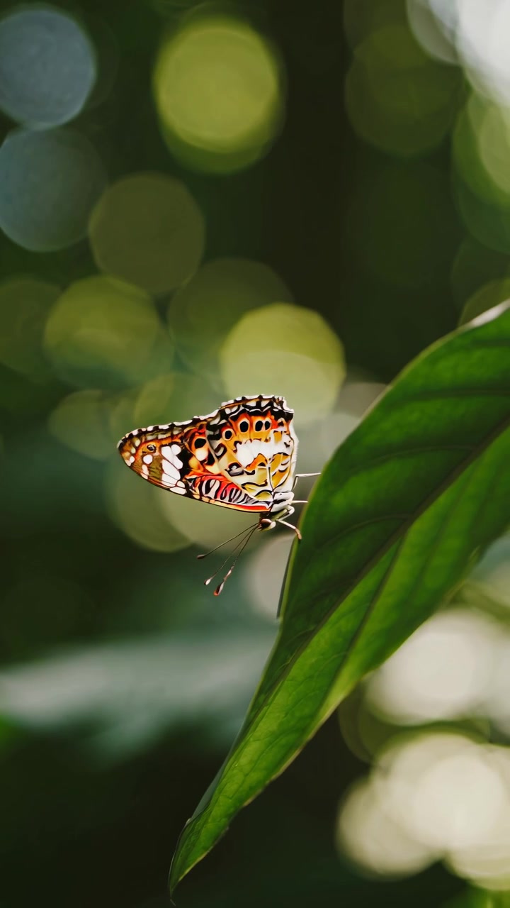 Farfalla colorata che si posa su una foglia verde nella natura