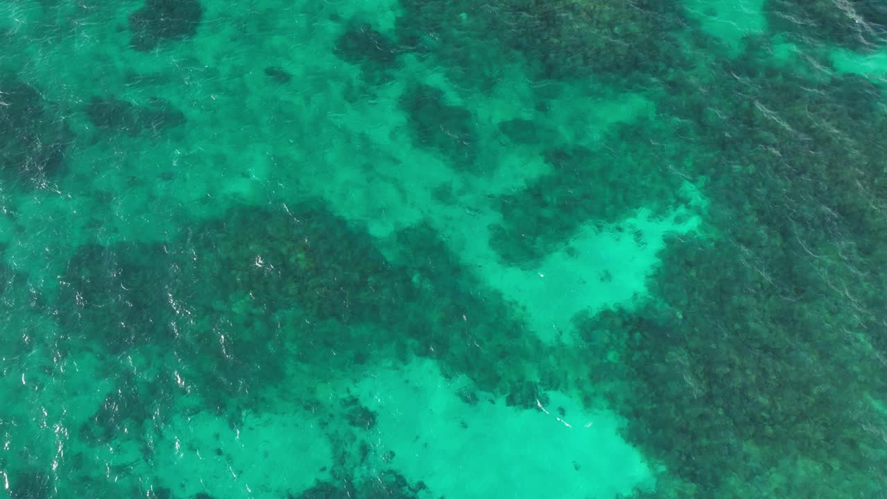 Aerial drone fly above blue pure turquoise transparent blue waters in a Caribbean shore