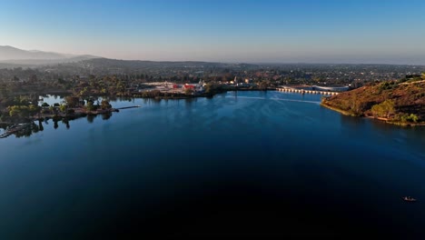 Silent-shores-of-Lake-Murray-San-Diego-with-baseball-pitch-at-shores-aerial