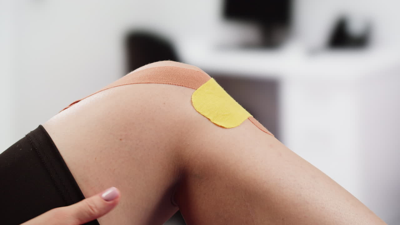 Taping kinesiologico medico, fisioterapista che applica un cerotto chirurgico elastico sul corpo di un paziente per curare il ginocchio infortunato di un giovane atleta. Riabilitazione post-traumatica, recupero con fisioterapia sportiva