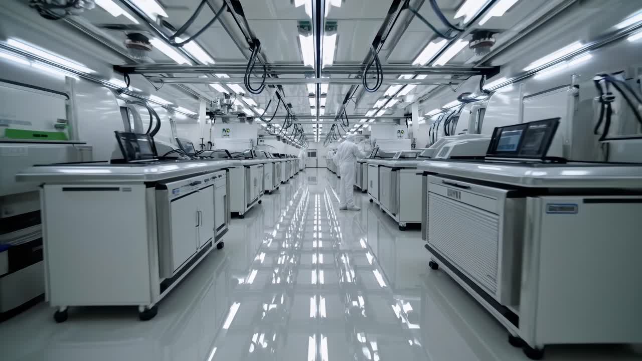 High-tech manufacturing facility showcasing advanced machinery and illuminated workstations, highlighting the seamless workflow and precision in a modern industrial environment