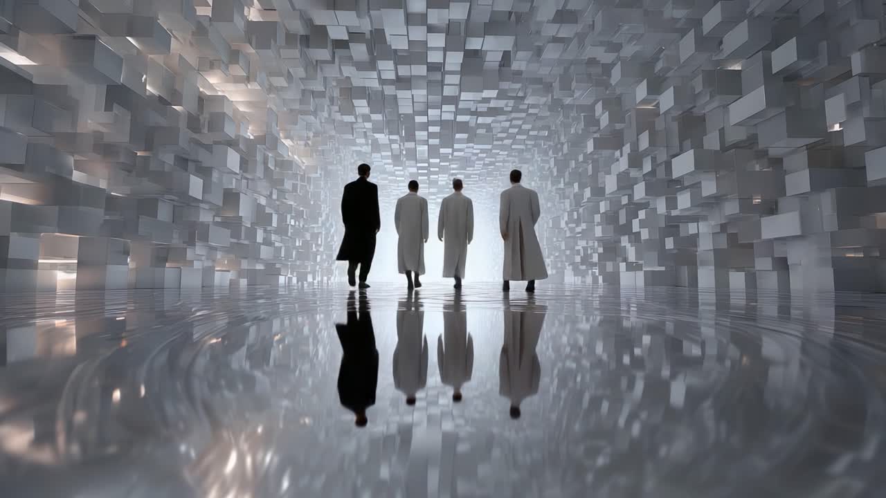 A group of four figures clad in long white and dark coats walking through a surreal, dreamlike space characterized by floating geometric shapes and reflective surfaces, creating an otherworldly ambiance
