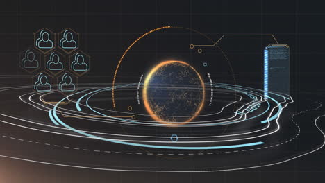 globe spinning and data processing over topography against black background