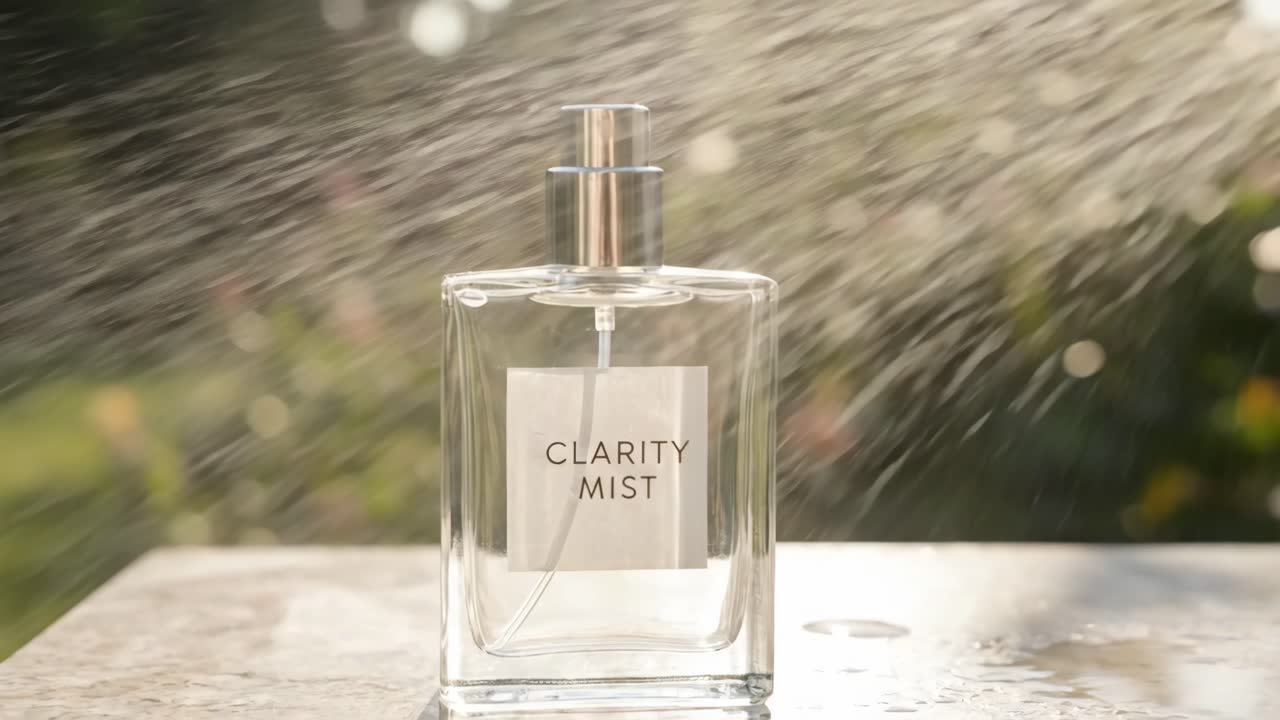 Flacone di profumo con acqua nebulizzata in un ambiente esterno soleggiato