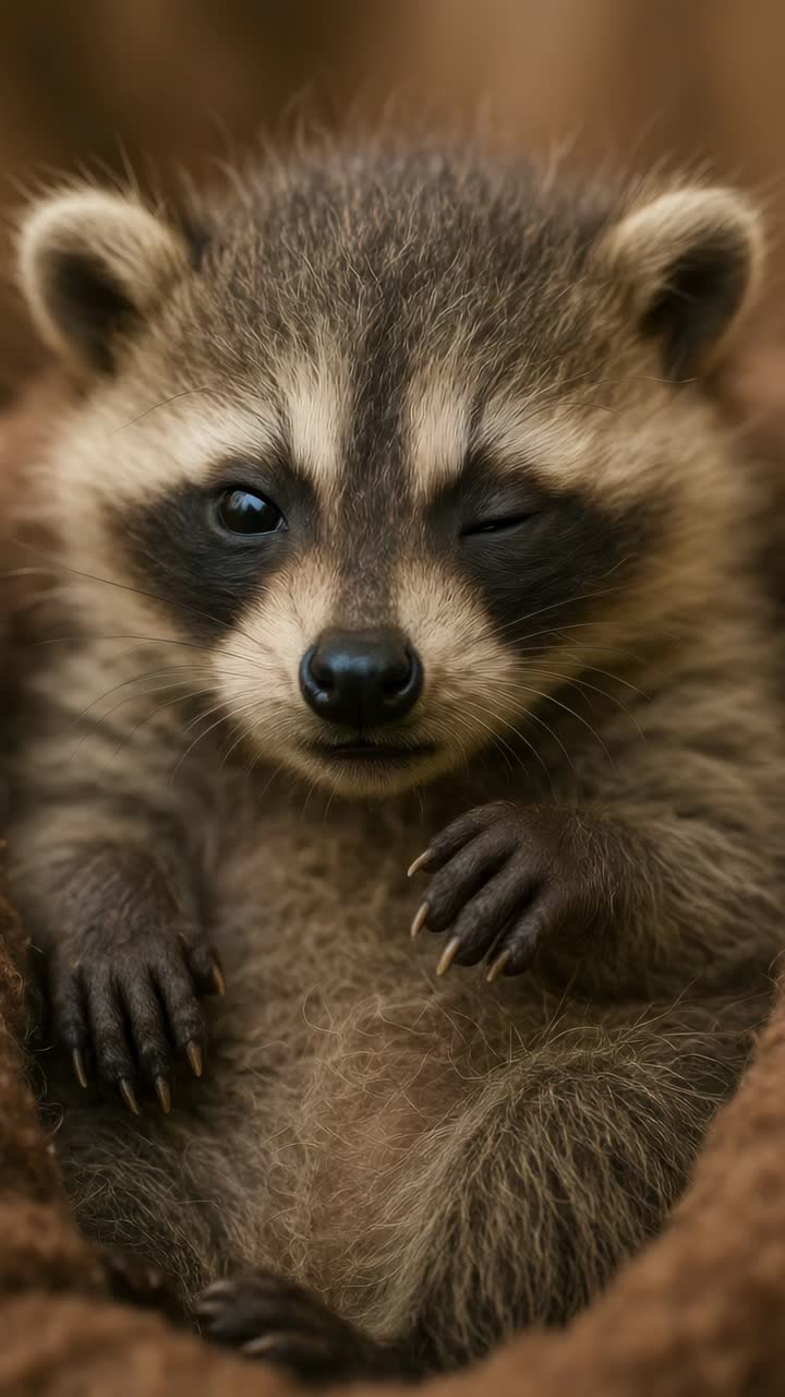 Close-up video angle of a baby raccoon nestled in soft fur, showcasing its delicate features
